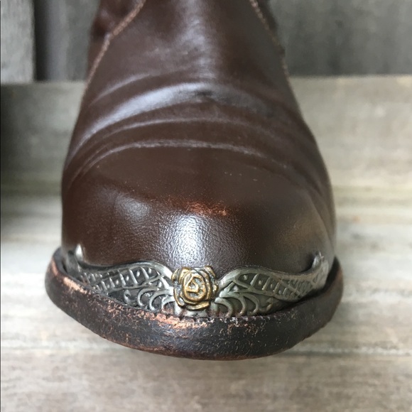 ZODIAC Boots Vintage Moto Brown Leather Silver Gold Floral Feather Size 7.5 - Picture 3 of 11